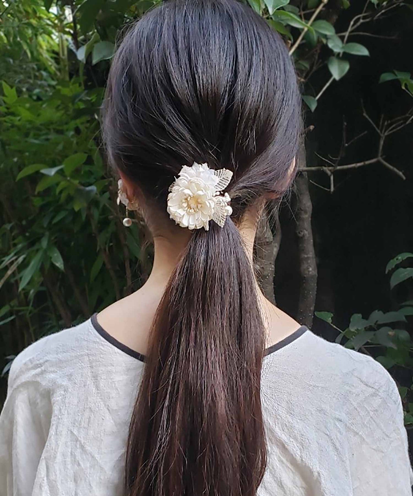 コットンパールと布花のヘアゴム