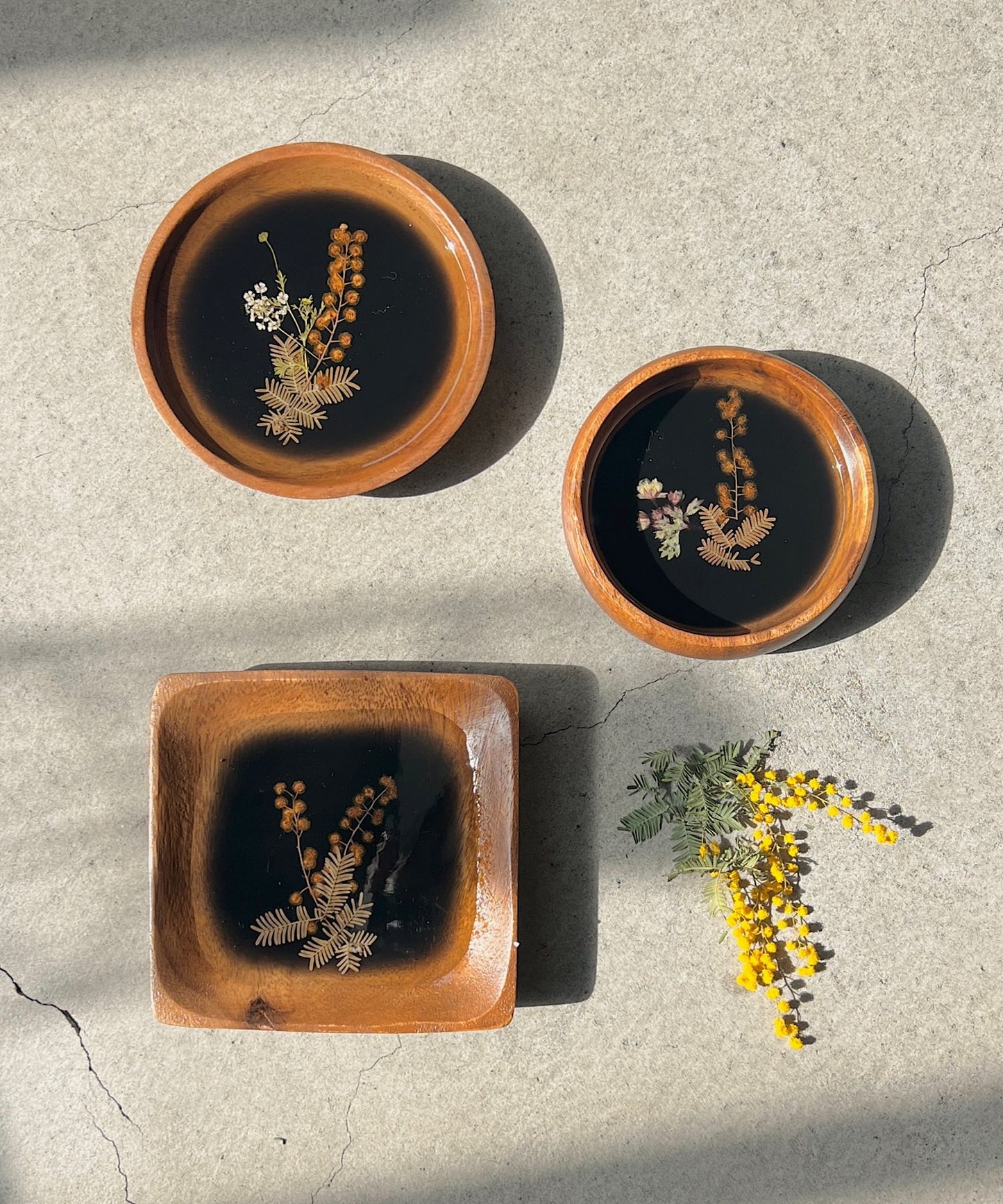 ミモザの押し花プレート " black "