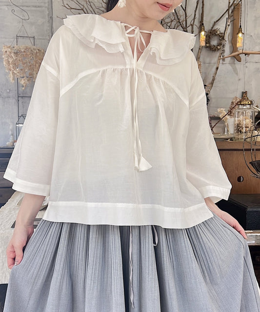 【MAGALI】 コットンシルクブレイド・フリルカラーブラウス