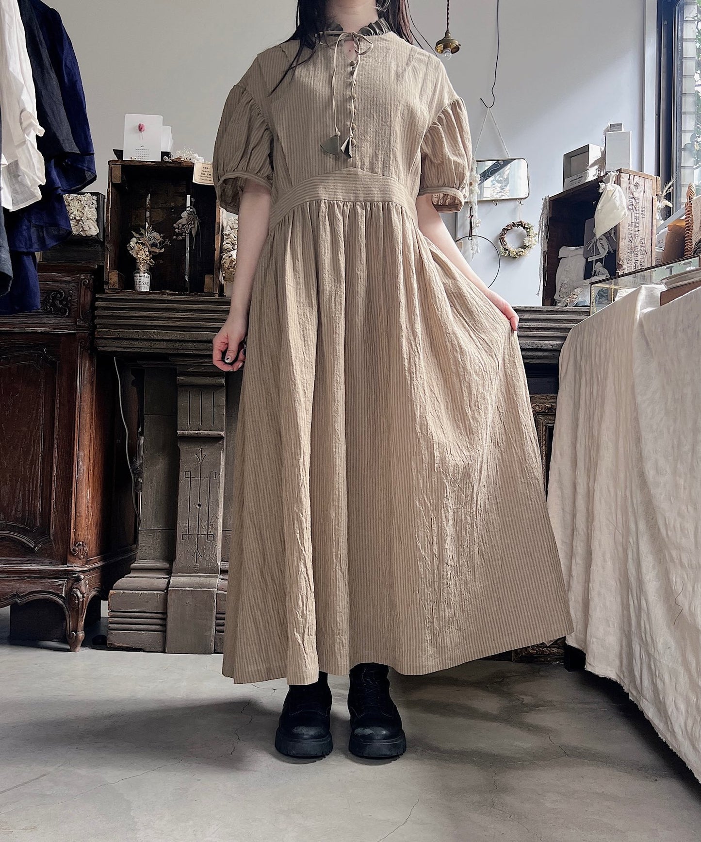 【MAGALI】リネンコットンストライプ・アンティークワンピース