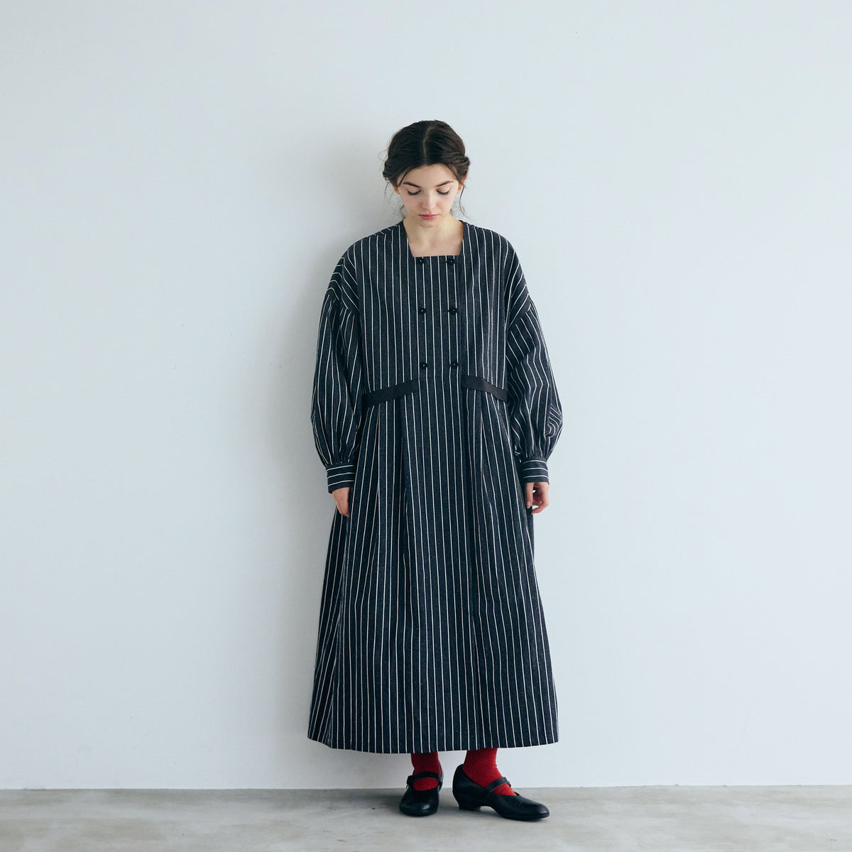 【MAGALI】コットンシルクストライプ・ダブルボタンワンピース